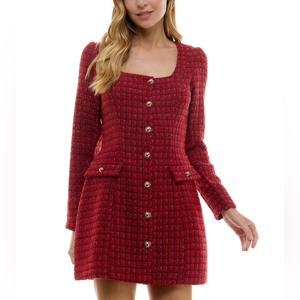 City Studio Juniors Square Neck Long Sleeve Tweed Dress Size 15 / 16
